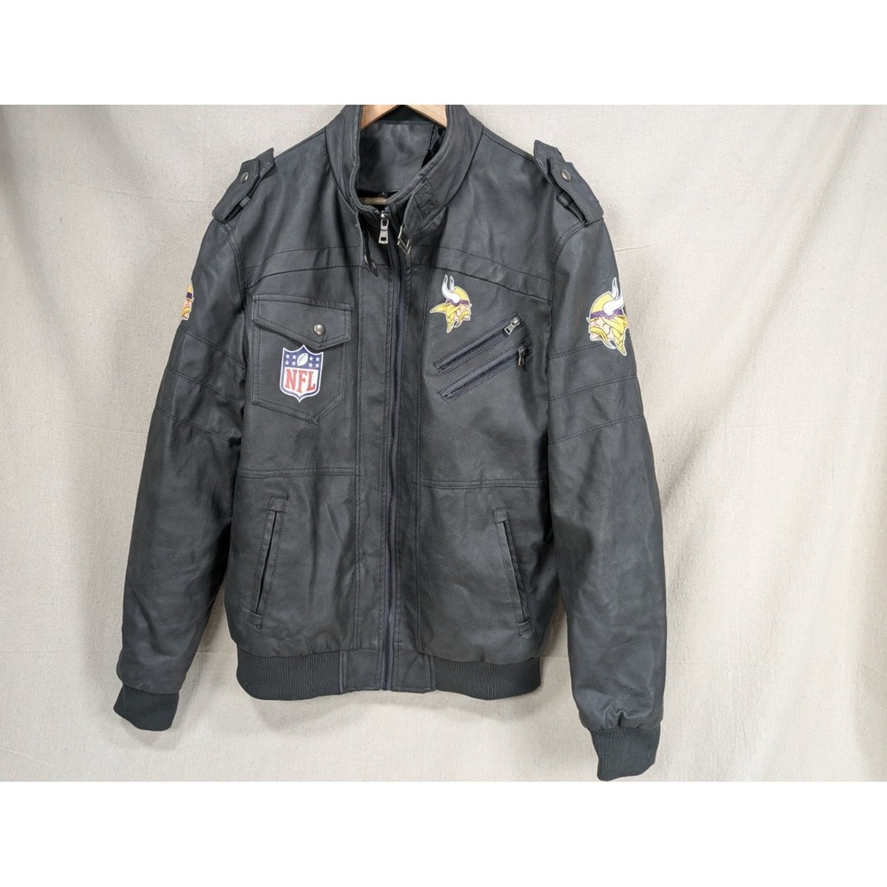 Minnesota Vikings NFL Faux Leather Moto Jacket Size Large Team Logos Zip Pockets - Picture 2 of 15
